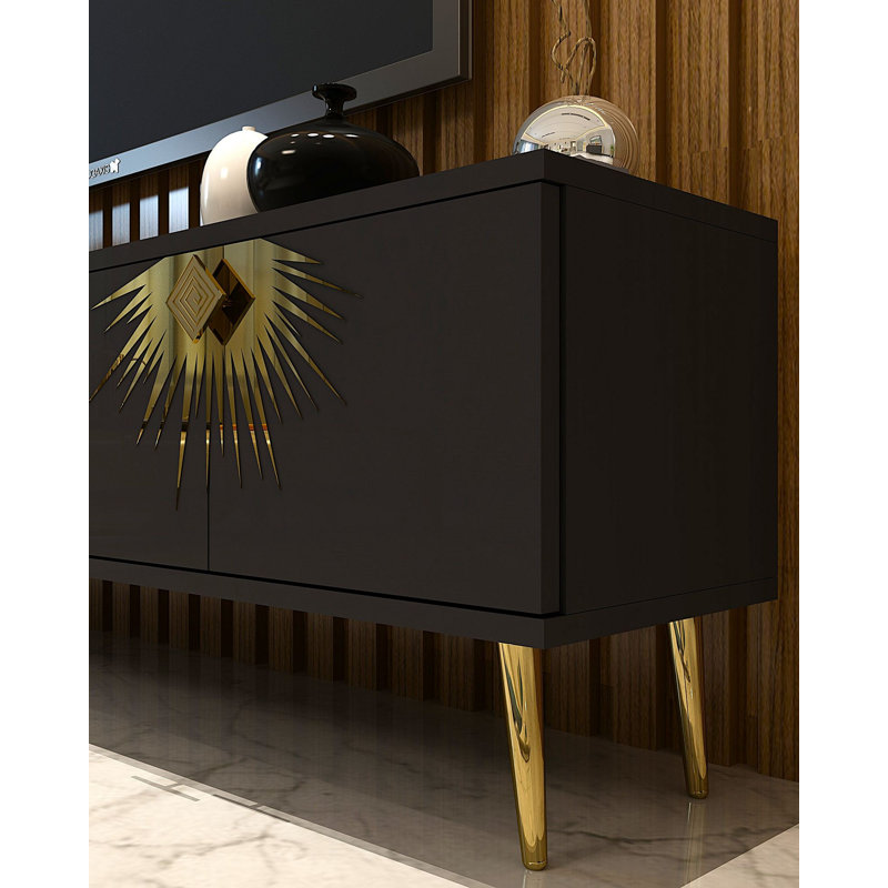Meuble télé moderne avec option de fixation murale, anthracite et or, 59,1 po x 15,9 po x 11,6 po | 100% panneau de particules enduit de mélamine, épaisseur: 0,7 pouce | Design élégant pour le salon et les espaces de divertissement