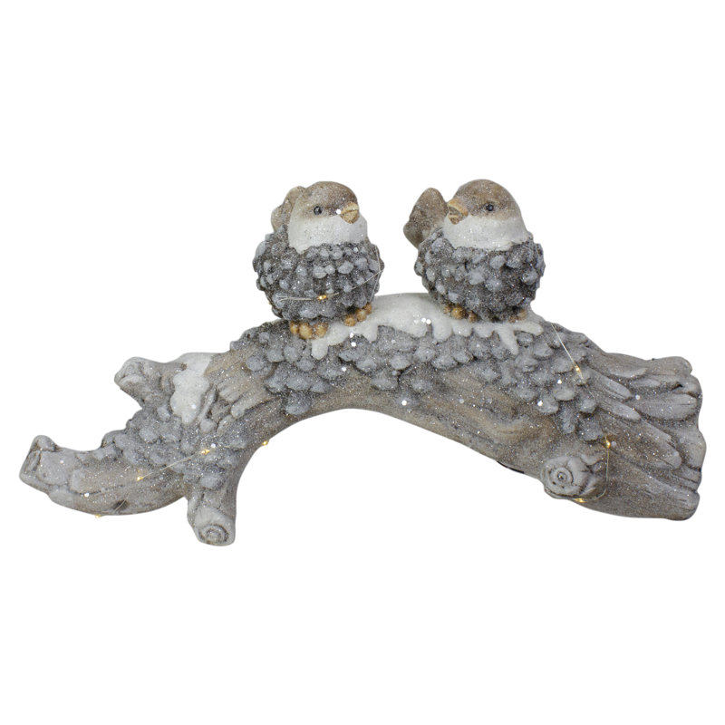 18" Gray and White Ceramic Pre-Lit Winter Birds on Log Decoration