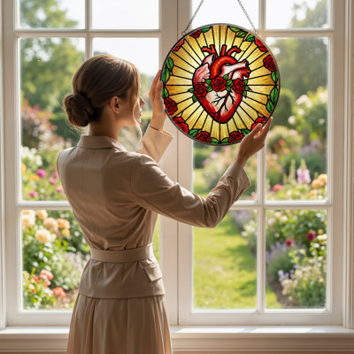 12"H Heart Roses Stained Glass Window Panel