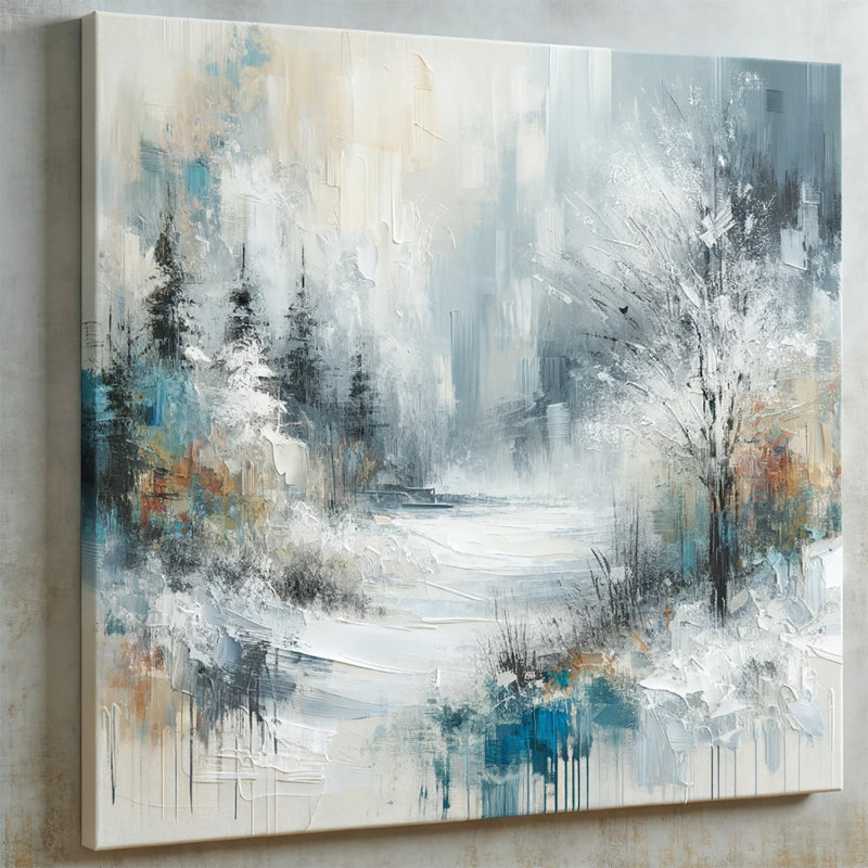«Enchanted Winter Path: Abstract Impasto Landscape with Snowy Trees», reproduction sur toile, H 30 po x l 30 po x P 1,5 po