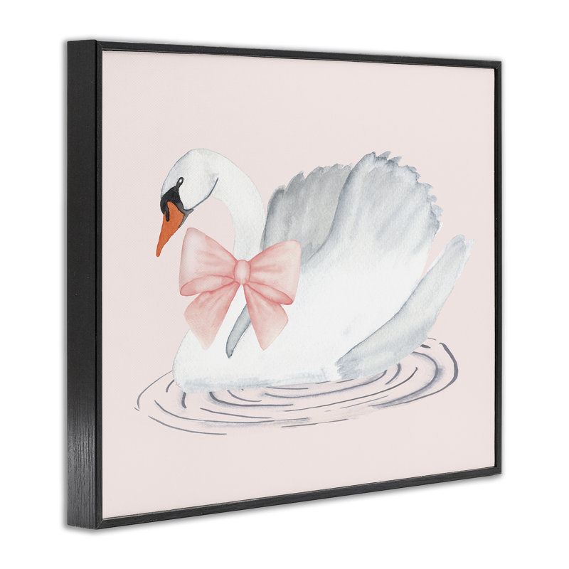 Cygne blanc avec ruban rose, estampe numérique, conception de Nina Jacobs, Giclée encadrée noir minuit, H 24 po x l 30 po