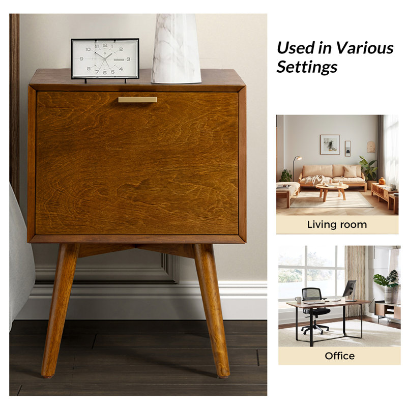 Boneva Mid-century Modern 18''W 2-Drawer End Table with Hidden Drawer and Charging Station, Acorn