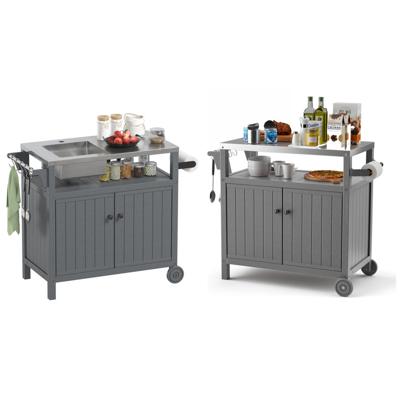 Îlot de cuisine extérieur Hdpe avec évier et rangement, évier en acier inoxydable 304 de 42 po, table de préparation au barbecue portable sur roulettes, armoire étanche, crochets, conception modulaire grise