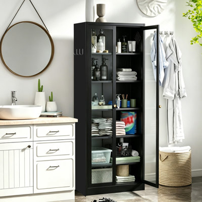 Armoire de cuisine de 72 pouces de haut en métal noir avec 5 tablettes réglables et portes en verre pour le rangement de la cuisine, du garde-manger et de la salle de bain