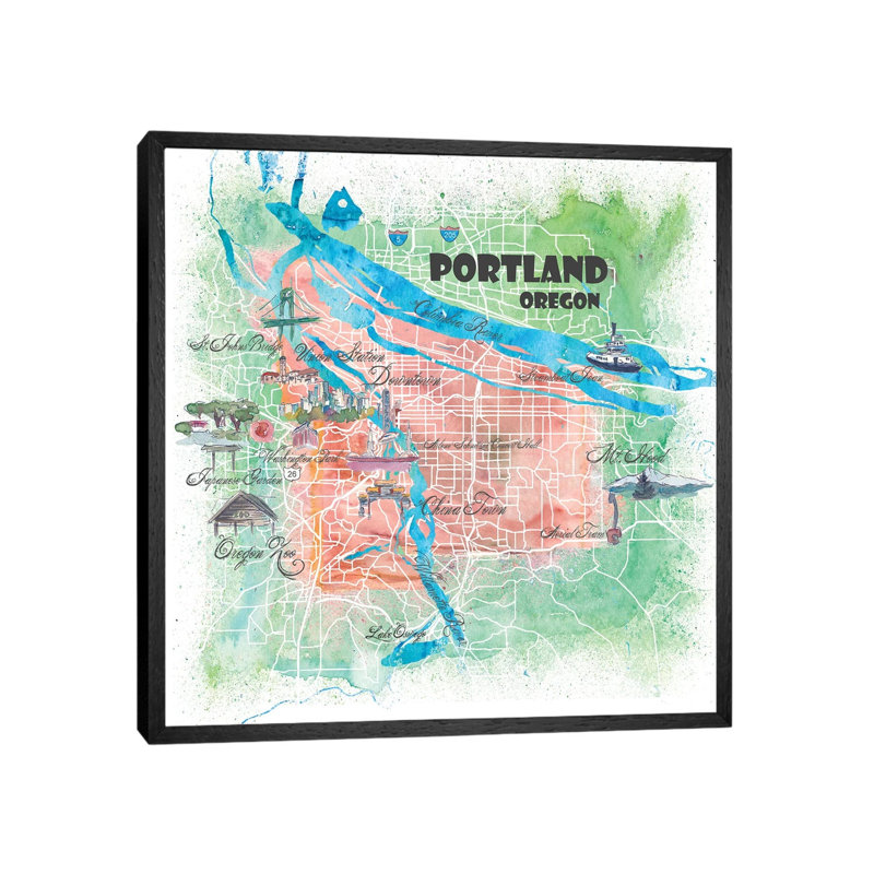 Portland Oregon USA Illustrated Map by Markus & Martina Bleichner - Painting on Canvas, Black Floater Framed
