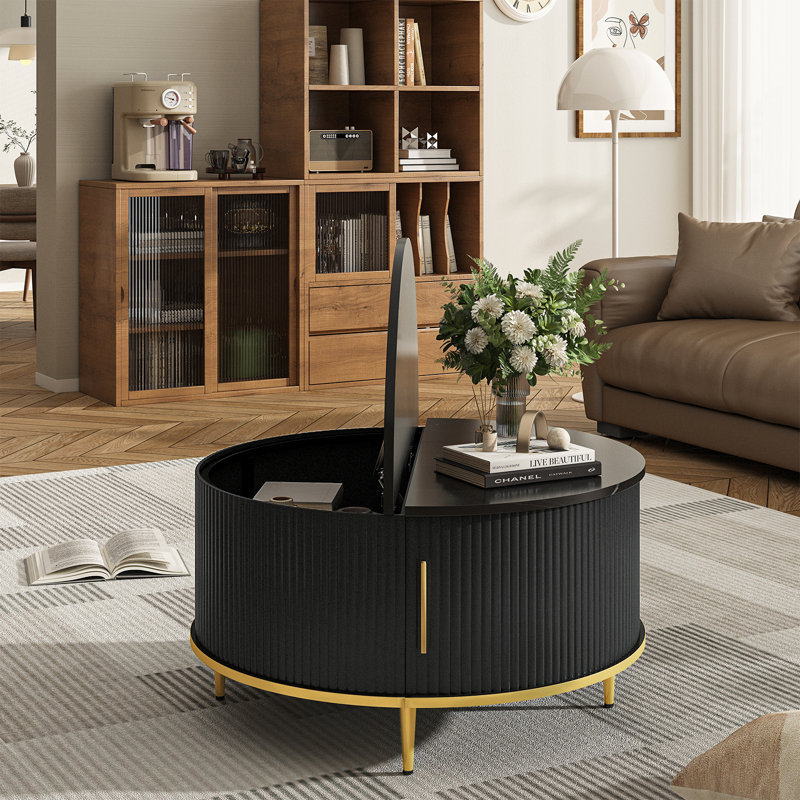 31.5" Modern Round Coffee Table With Hidden Storage: Flip-top Lid & Sliding Doors, Black, Gold