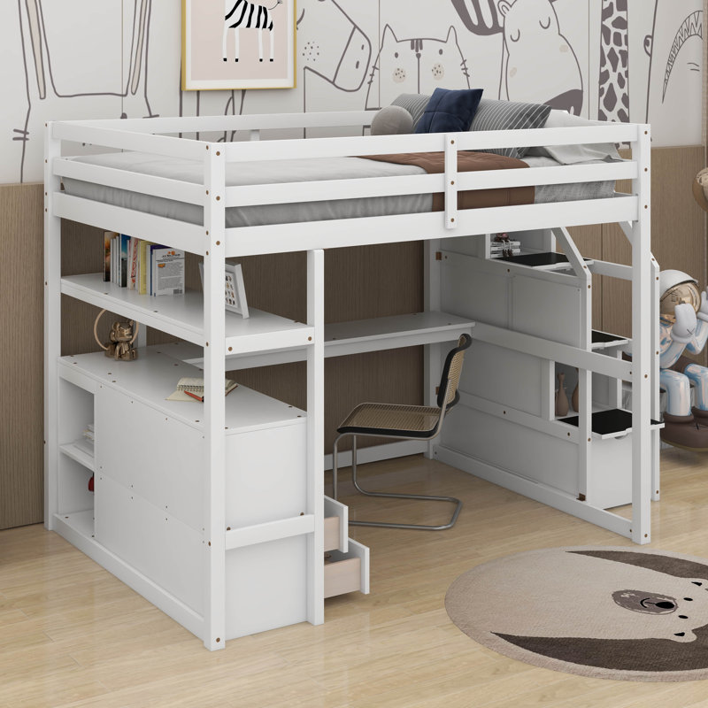 Lit mezzanine double avec bureau et tablettes, Blanc