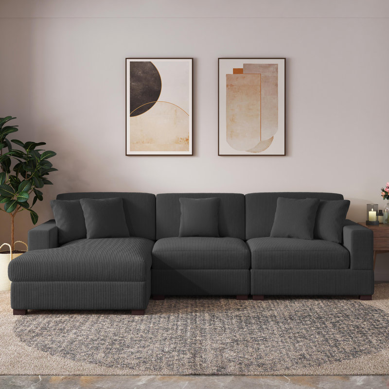 Milbrey 3-Piece Corduroy Modular Sectional with Loose Back, Left Hand Facing, Gray Corduroy