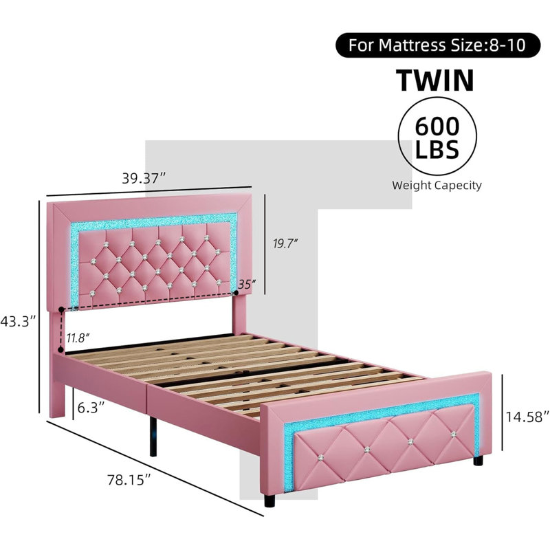 Structure de lit plateforme tapissier Alber avec lumières DEL et capitonnage à losange, Lit simple, Rose