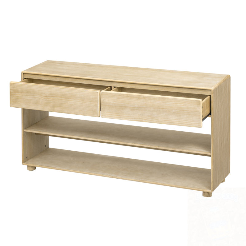 Console en bois avec 2 tiroirs et tablettes ouvertes, Naturel