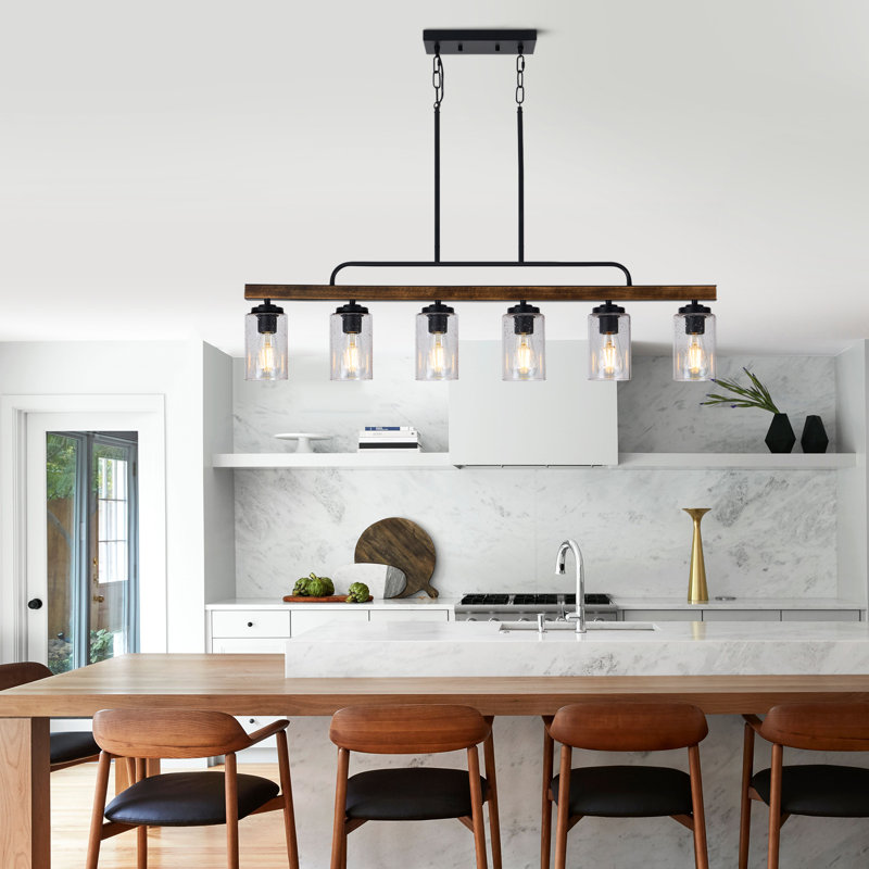 Farmhouse Wood  Chandelier, 6-Light Dining Room Light Fixture Over Table,Rustic Chandeliers for Dining Light with Seeded Glass Shade 