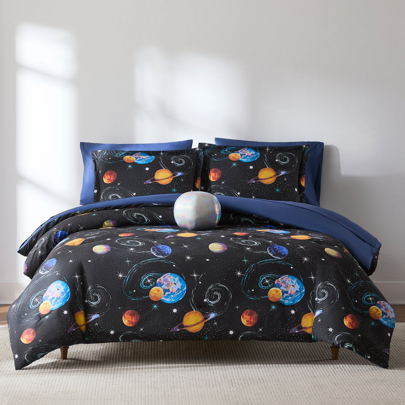 Mysterious Universe Black/Navy Comforter Set,  Queen Comforter + 7 Additional Pieces