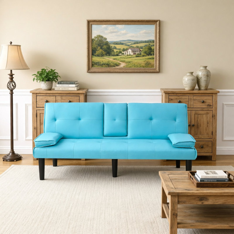 The 67-Inch Blue PVC Multi-Functional Sofa Bed, With A Foldable And Cup Holder Design, Makes It Extremely Convenient To Turn The Living Room Into A Guest Room