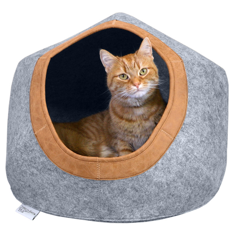 Medium Gray Felt and Faux Leather Round Cat Cave Bed
