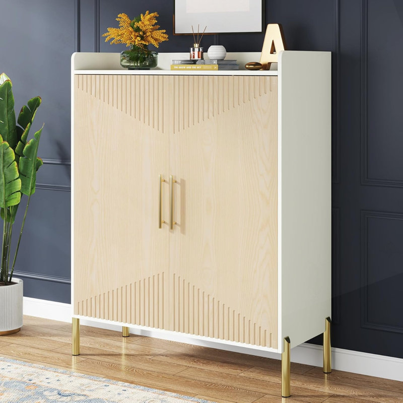 35.43" White & Gold 6-Tier Entryway Shoe Storage Cabinet With Doors, White/Natural