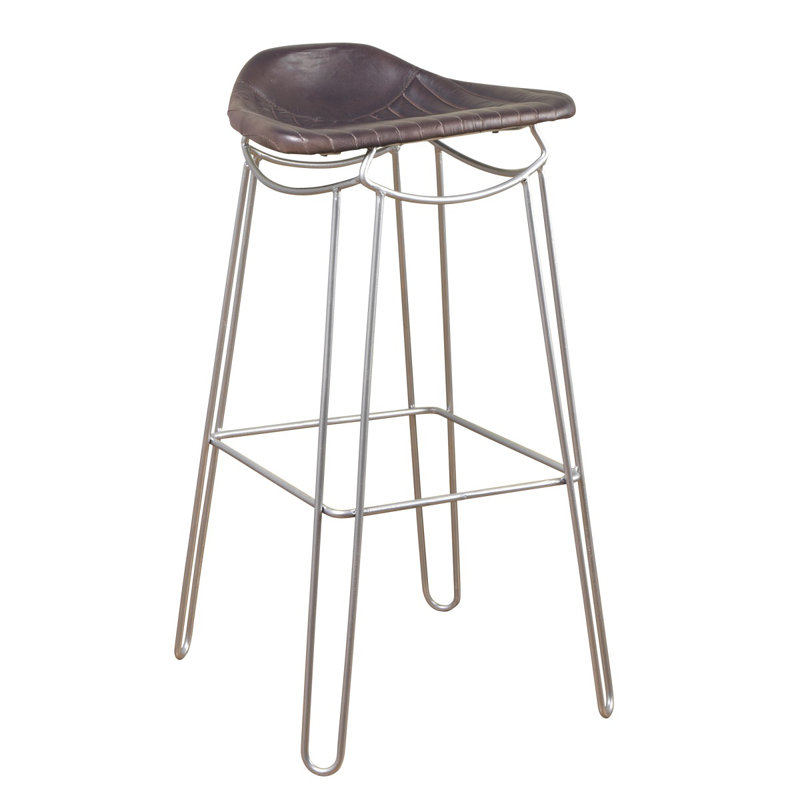 Splendora 76cm Bar Stool - Hand Stitched Leather Seat - Steel Metal Frame, Brown, Silver