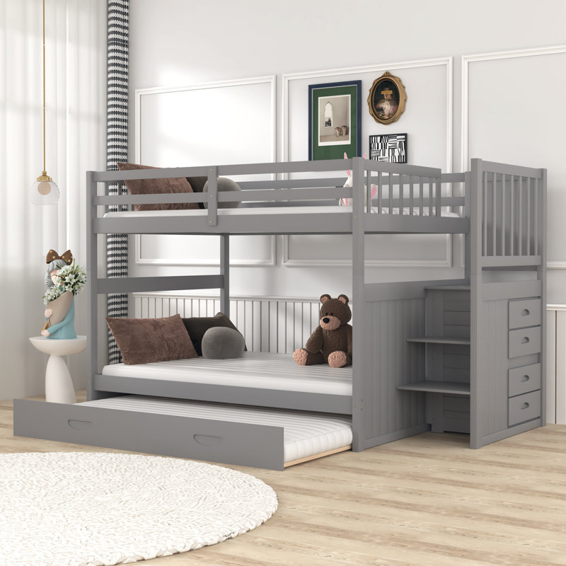 Lit superposé double au-dessus de double avec lit gigogne simple, gris