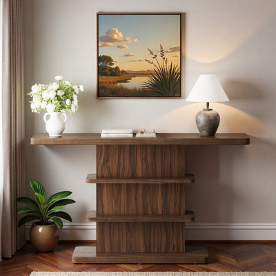 Console 63 po vintage avec tablettes de rangement ouvertes à 2 niveaux et grand plateau de table