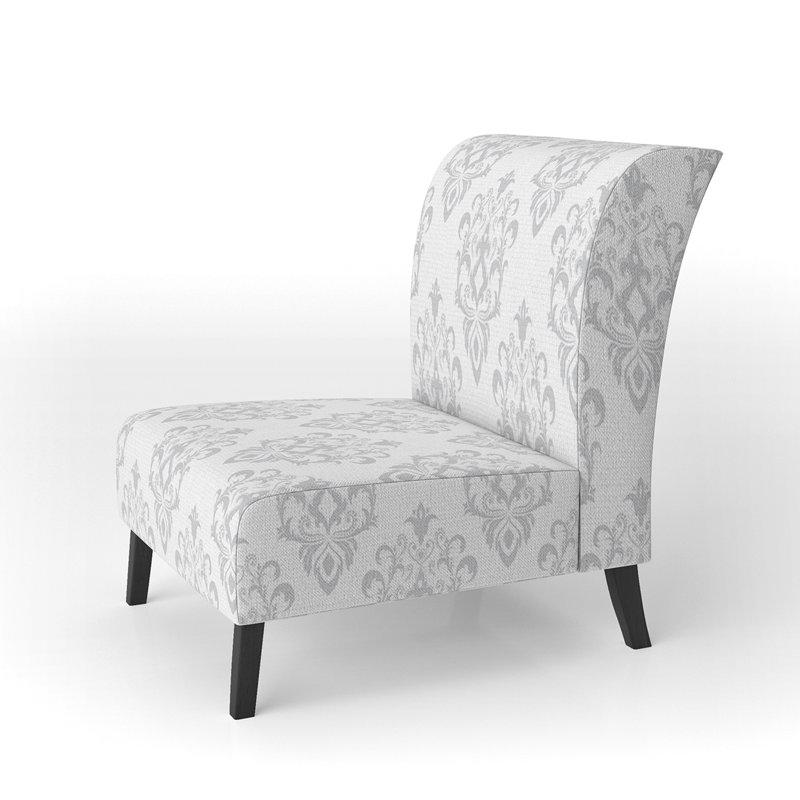 White Baroque Damask - Velvet Upholstered Patterned Accent Slipper Chair