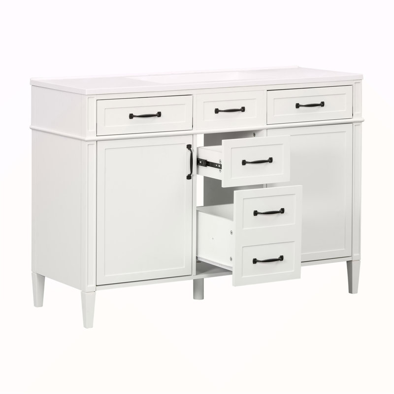 Meuble-lavabo autoportant 48 po avec 4 tiroirs, 2 portes, tablettes réglables et poignées noires, White