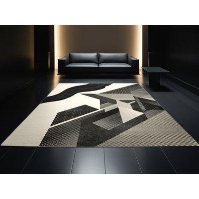 Tapis à motif géométrique doux et moelleux d'inspiration mondiale Montpelier - reliure grise et grise