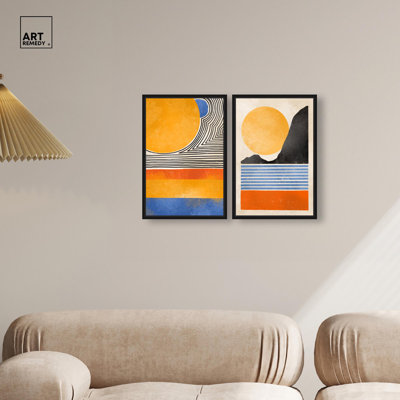 Geometric Sun Duo Canvas Print Modern Abstract Art Set by Art Remedy, Black Frame, 10 x 15