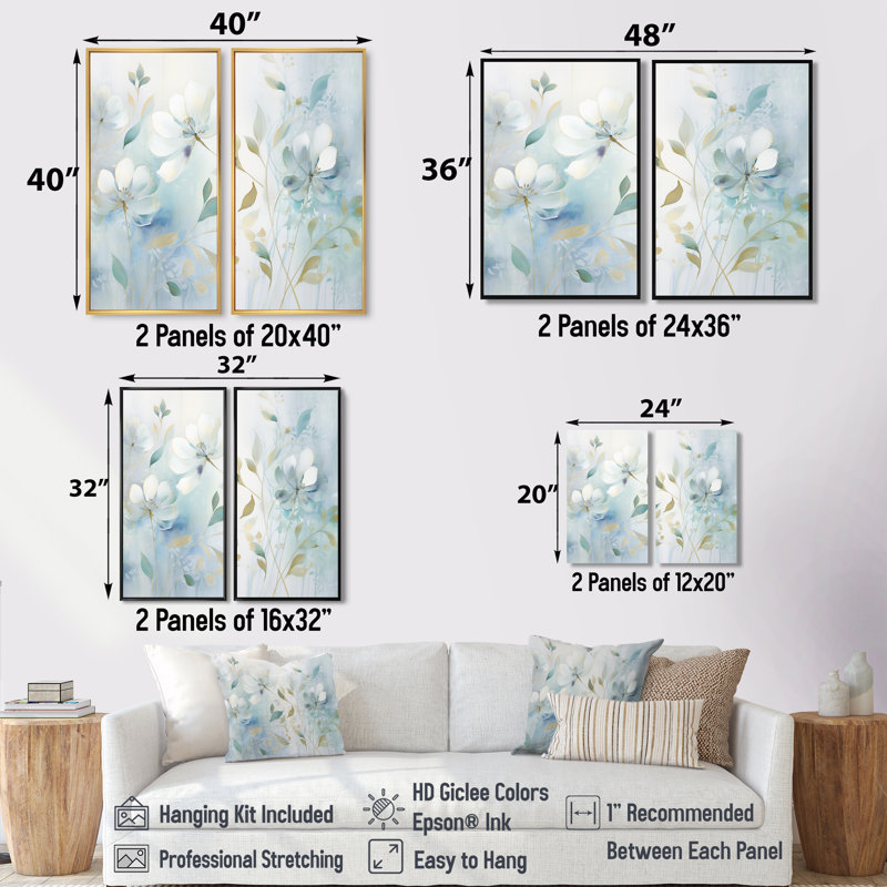 Blue Botanical Rhythms I - Art mural bleu 2 panneaux, 36" H x 48" W, Reproduction encadrée sans passe-partout, Blanc