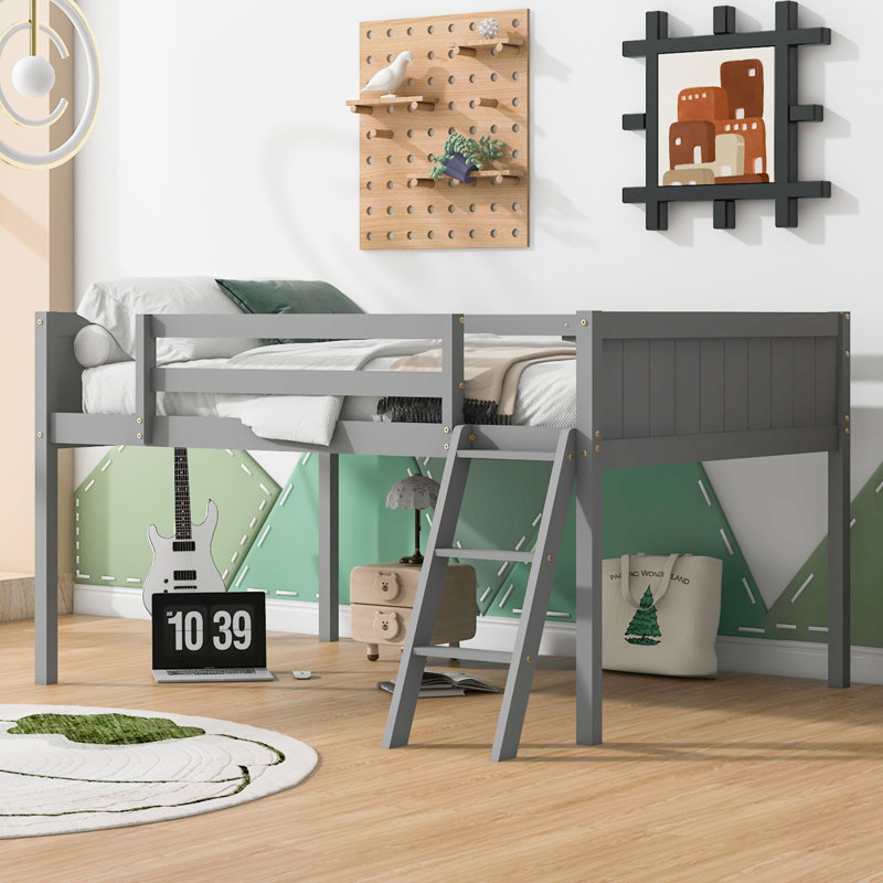 Lit mezzanine bas en bois avec échelle, Gris, Lit double