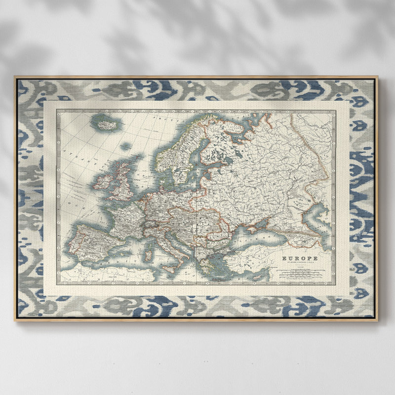 Bordé carte de l'Europe, peinture sur toile encadrée, Cadre en bois naturel, H 27 po x l 41 po x P 2 po