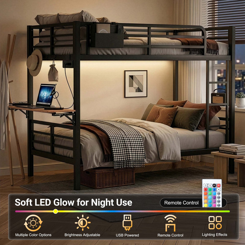 Twin Over Twin Bunk Bed with Foldable Desk and Charging Station, Metal Bunk Bed with LED Lights for Small Spaces