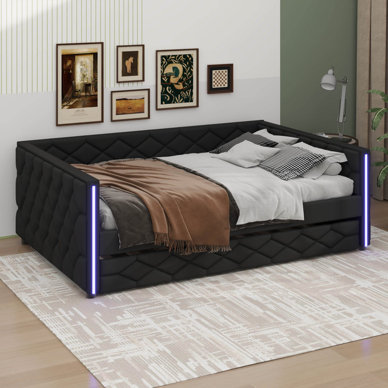 Full XL Size Upholstered Daybed With LED And Trundle, Black