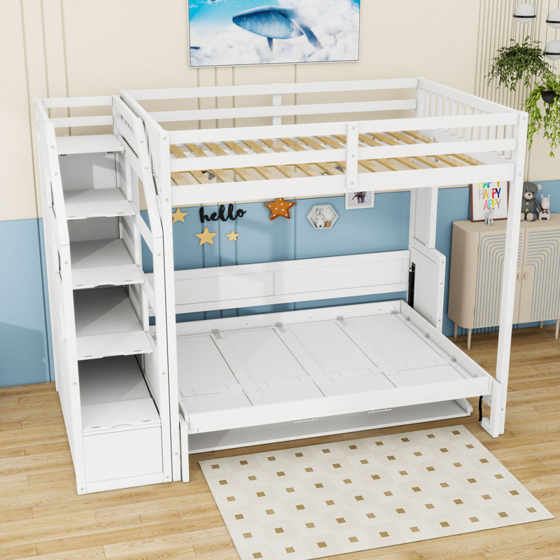 Lit superposé double au-dessus de double avec escalier de rangement intégré et éclairage DEL