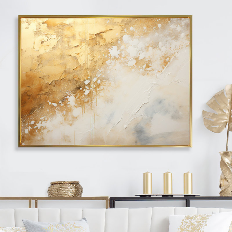 Géode magique dorée et marbre blanc III - art mural abstrait_106510, H 34 po x l 44 po x P 1,5 po, Cadre flottant doré