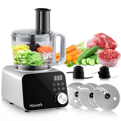 Robot de cuisine et hachoir à légumes Howork, lame en acier inoxydable, capacité de 12 tasses, puissance de 450 W avec accessoires pour râper, déchiqueter, trancher, hacher, broyer et réduire en purée