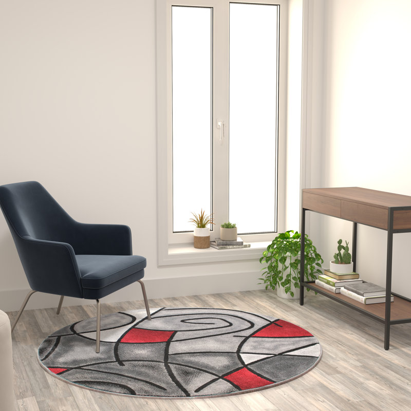 Tapis décoratif en oléfine à motif abstrait moderne Sioar, Rond 5 pi