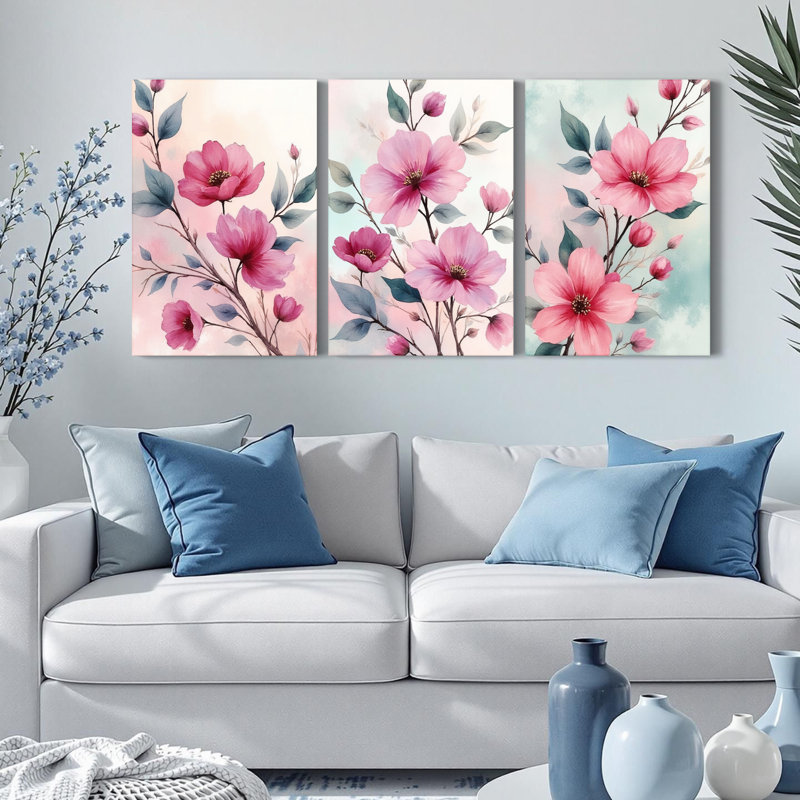 Toiles murales à motifs floraux roses (lot de 3), H 24 po x l 48 po