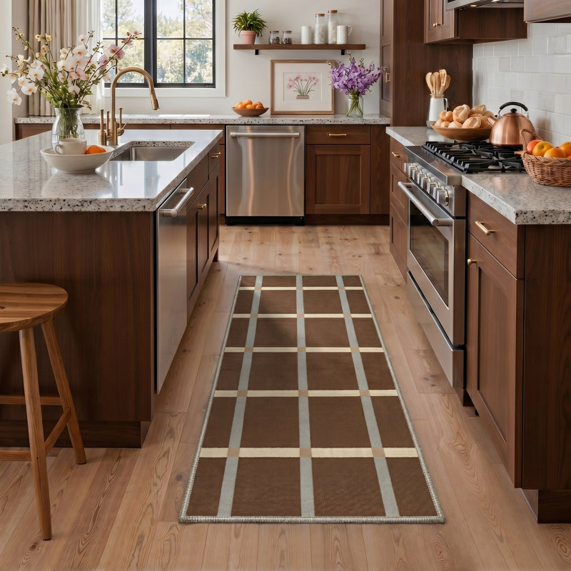 Liadan Novus Modern Plaid Machine Washable Beige / Brown Indoor Area Rug with Non-Slip Backing, Runner 2'3" x 6'