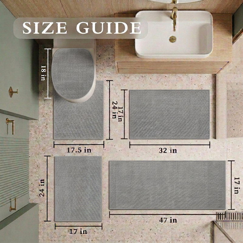 Ensemble de tapis pour salle de bain 5 pièces à aspect lin texturé avec envers antidérapant, Gris