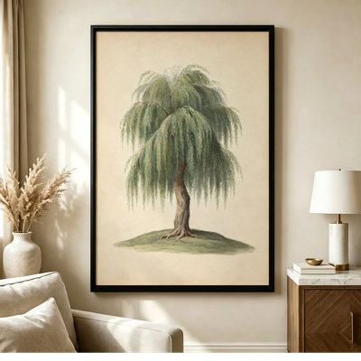 24" x 36" Black Framed Canvas Wall Art Willow tree: Graceful drooping branches, Watercolor painting style. Print on Canvas for Living Room Bedroom