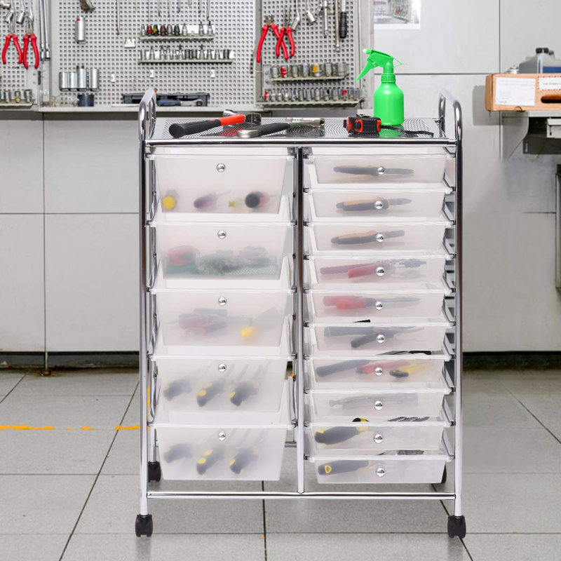 Hallam 15 Drawer Storage Drawer, Chrome, Translucent White