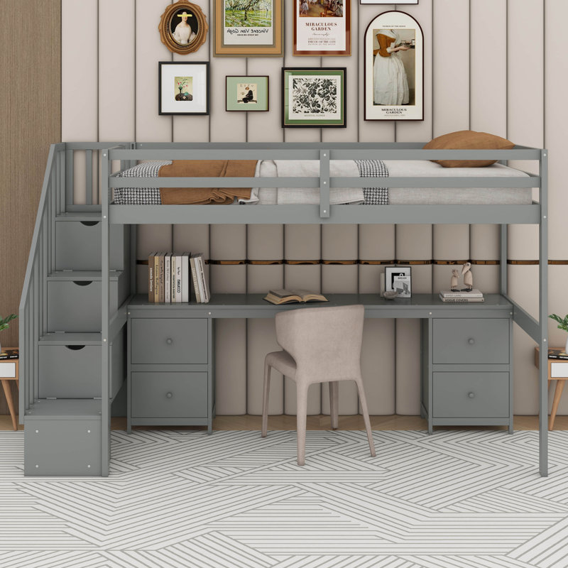 Lit mezzanine simple avec bureau et tiroir, Gris