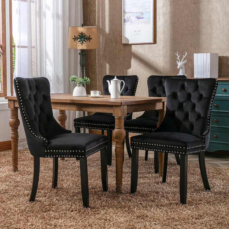 20" H Velvet Upholstered Oak Parsons Chair, Velvet Black