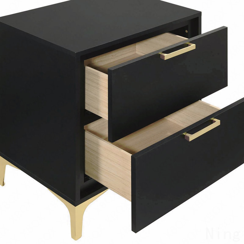 Table de chevet rectangulaire noire et dorée à 2 tiroirs, Noir