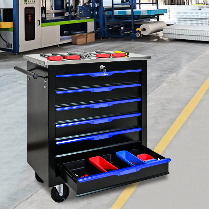 Chariot à outils noir et bleu à 6 tiroirs avec roues, thermolaqué, comptoirs verrouillables en acier lisse, roulettes amovibles à boîtier mobile - bleu, construction, tiroirs verrouillables, 2 freins