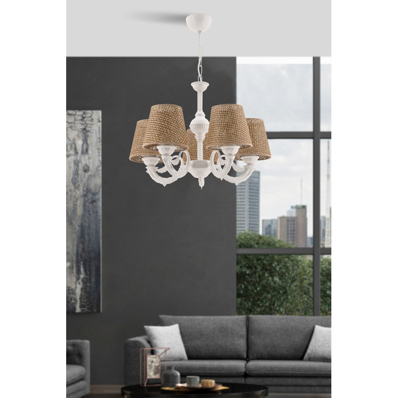 Lustre élégant en métal, finition naturelle et blanche, 25,6 po x 21,7 po x 25,2 po | 5 x douilles E27 (40 W maximum) | Parfait pour la salle à manger et les espaces de vie, conception élégante, capuchon en tissu durable, indice de protection IP20, ampoule non incluse