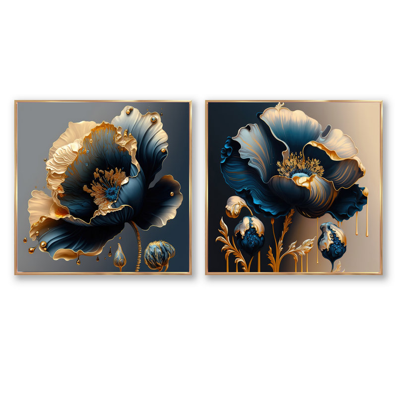 Ensemble de 2 collages carrés floraux et botaniques profonds bleu foncé et or, Toile tendue, H 30 po x l 61 po