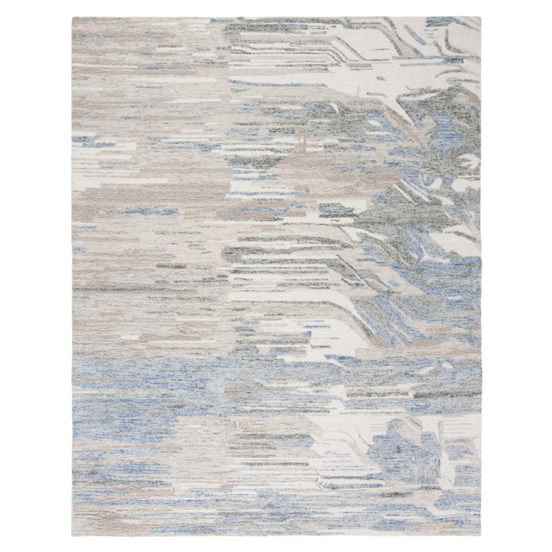 Jaxony Abstract Handmade Tufted Wool Area Rug in Beige/Blue, Rectangle 8' x 10'