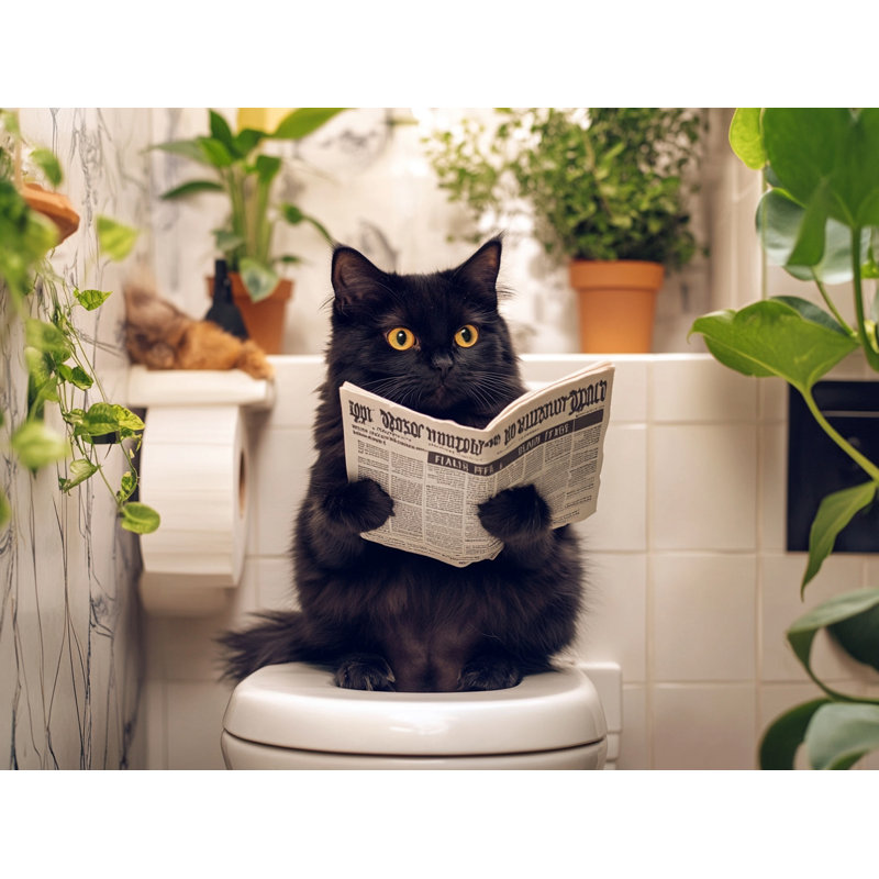 «Black Cat Bathroom Reader - Gray Tile Humor», art mural