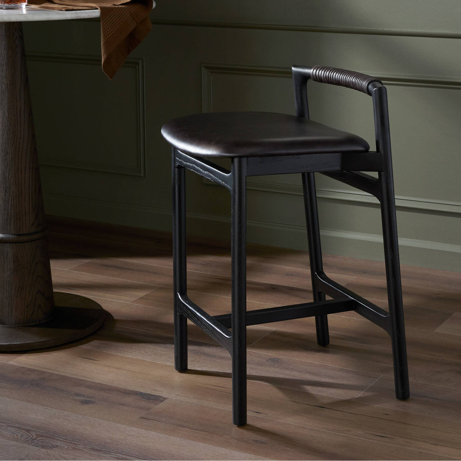 Solene Leather Stool, Counter Stool (26" Seat Height), Sonoma Black/Genuine Leather, Brushed Ebony