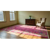 Antique Rectangle Wool Hand Knotted Pile Floral 1920s Coral / Salmon Pink Rug